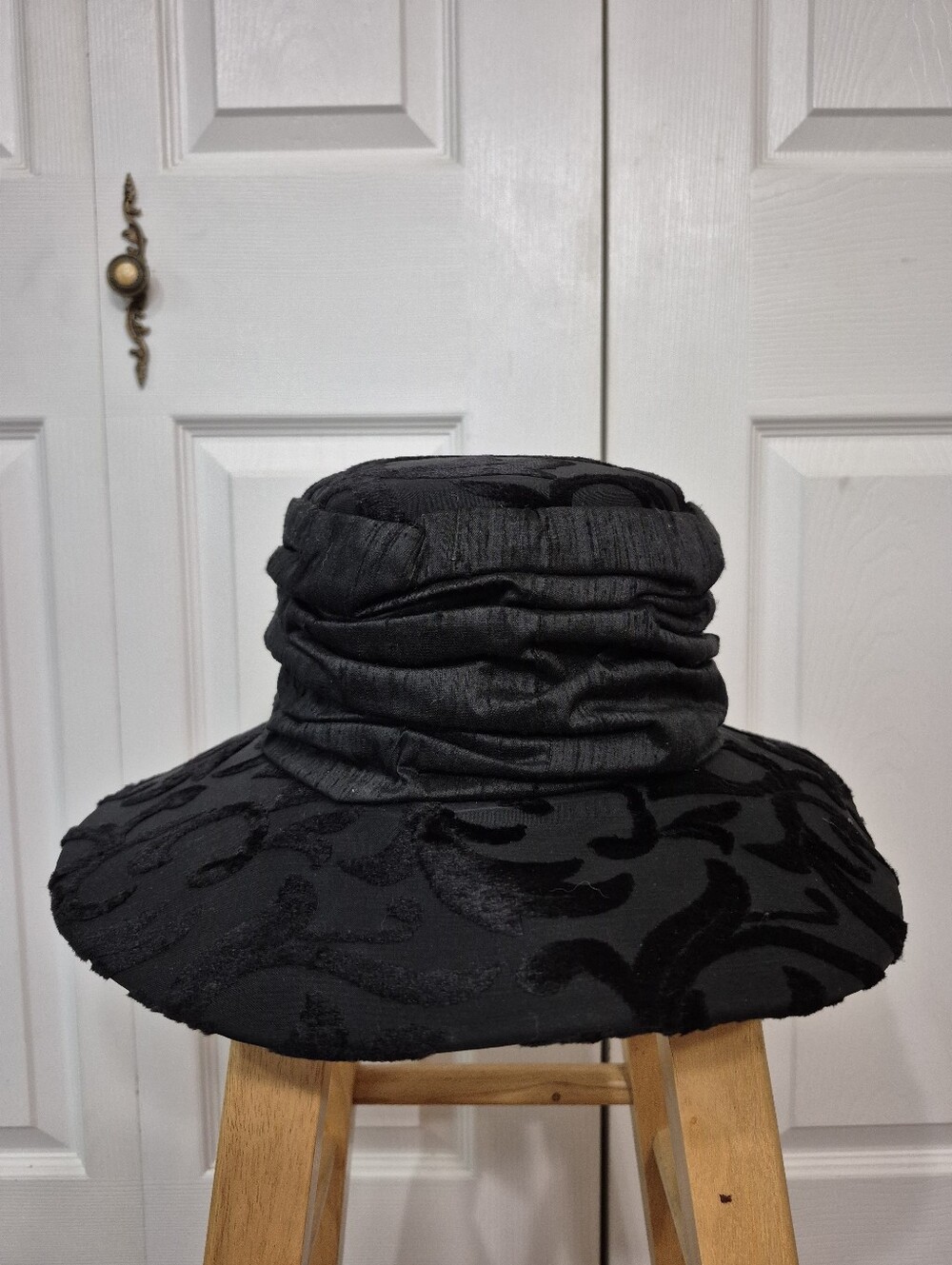 Whittall & Shon Black Damask Wool Dress Hat With Velvet Brocade